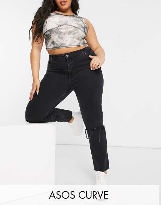 ASOS DESIGN Curve – Vintage-Jeans mit mittelhohem Bund, engem Schnitt und Zierrissen in verwaschenem Schwarz