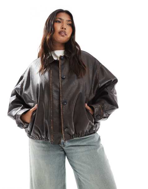 ASOS DESIGN Curve vintage wash leather-look bomber jacket in brown - view 1