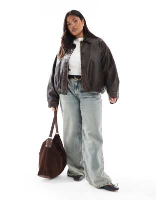 Asos Curve Asos Design Curve Vintage Wash Leather Look Bomber Jacket In Brown