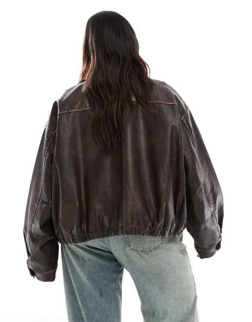 ASOS DESIGN Curve vintage wash leather look bomber jacket in