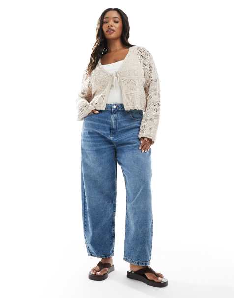 ASOS DESIGN Curve – Vintageblå, ankellånga jeans med barrelben och indragen detalj - view 1