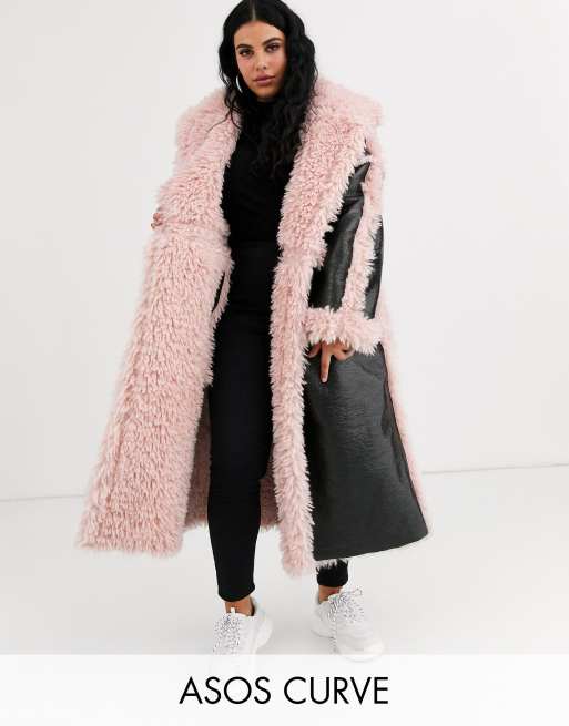 ASOS DESIGN Curve vinyl panelled maxi coat in black and pink ASOS