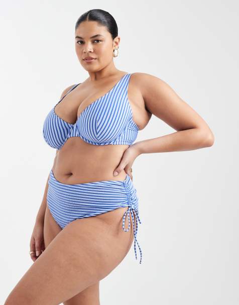 ASOS DESIGN Curve – Violet – Bikinihose in Blau gestreift mit hohem Bund - view 1