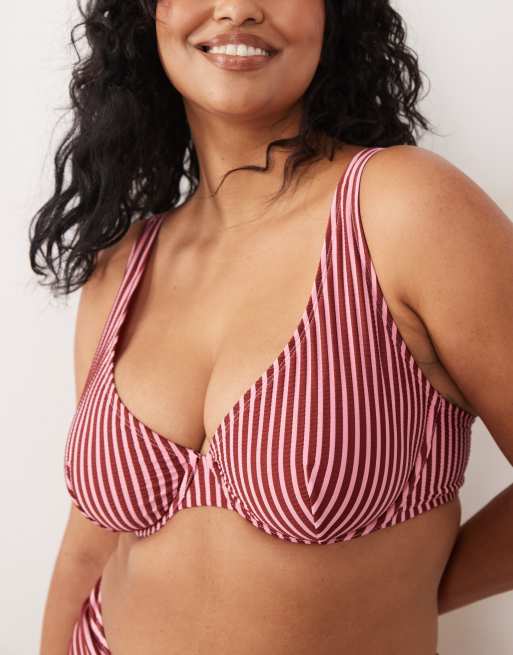 ASOS DESIGN Curve Violet Marina del Rey underwired bikini top in burgundy and pink stripe, 3 of 4