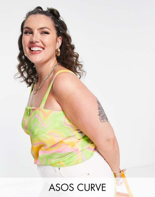 ASOS DESIGN Curve – Virvelmönstrat linne med fyrkantig halsringning och knytning baktill