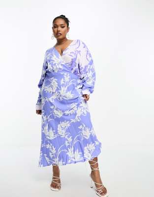Asos Design Curve Viscose Batwing Wrap Front Midi Dress In Mixed Floral Print-Multi