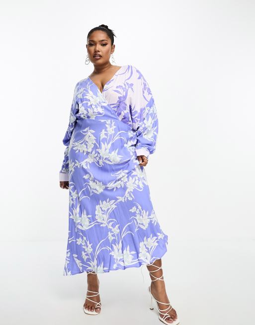 ASOS DESIGN Curve viscose batwing wrap front midi dress in mixed floral  print