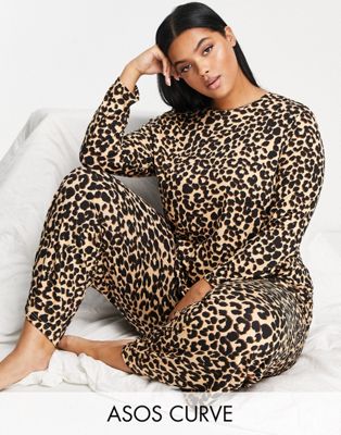 ASOS DESIGN Curve viscose leopard long sleeve top & wide leg trouser pyjama set in brown