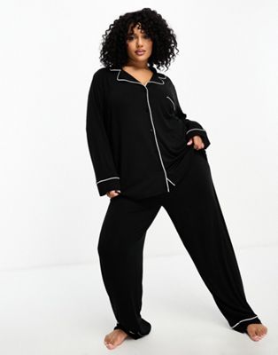 ASOS DESIGN Curve viscose long sleeve shirt & trouser pyjama set with contrast piping in black