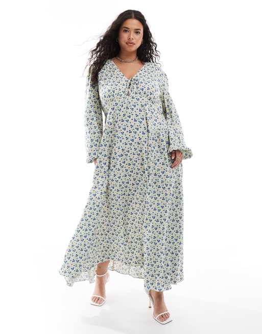 ASOS DESIGN Curve - Viscose midi jurk met V-hals, lange mouwen en gestrikte voorkant in fijne bloemenprint