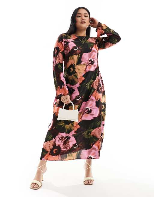 ASOS DESIGN Curve viscose slash neck midi dress with v-back detail in large  black floral print