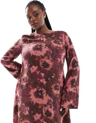 ASOS Curve ASOS DESIGN Curve viscose slash neck midi dress with v-back detail in red blurred floral print-Multi