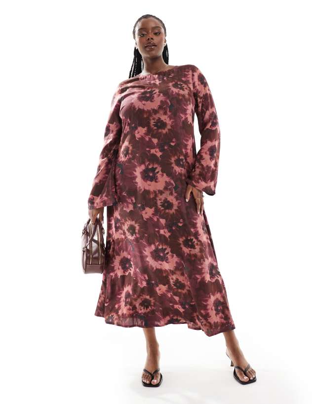 ASOS Curve - ASOS DESIGN Curve viscose slash neck midi dress with v-back detail in red blurred floral print