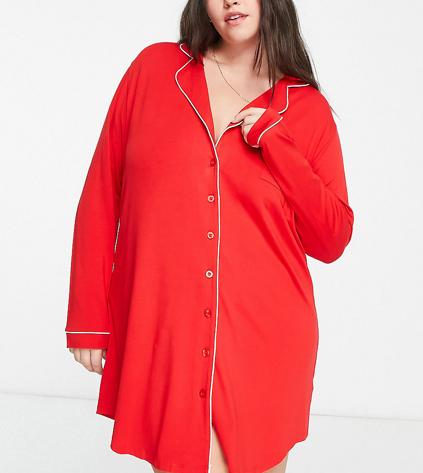 asos design curve viscose sleep shirt with contrast piping in red