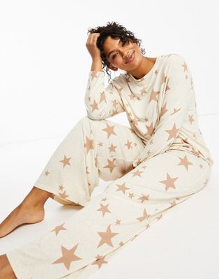 ASOS DESIGN Curve viscose star long sleeve top & trouser pyjama set in cream - ASOS Price Checker