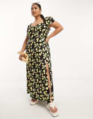 ASOS Curve ASOS DESIGN Curve viscose sweetheart neckline split front midi dress in lemon print-Multi