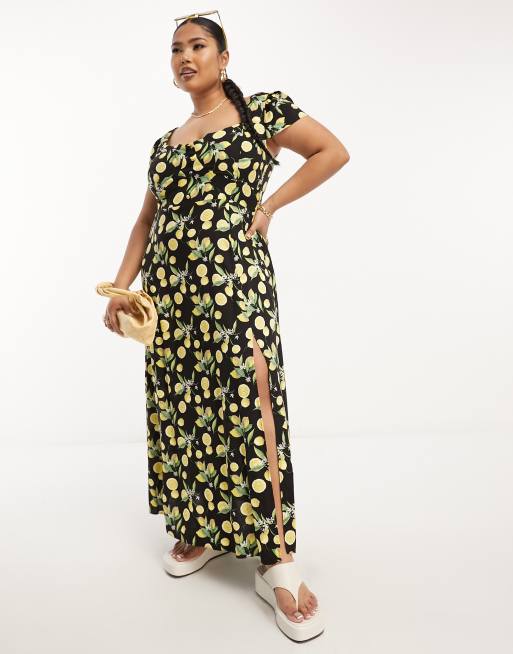 ASOS DESIGN Curve viscose sweetheart neckline split front midi dress in lemon print