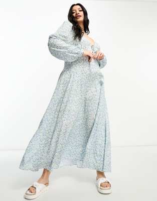 ASOS DESIGN Curve viscose v-neck long sleeve midi dress with tie front detail in ditsy floral