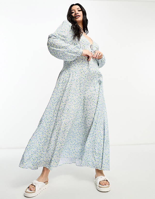 ASOS Curve - ASOS DESIGN Curve viscose v-neck long sleeve midi dress with tie front detail in ditsy floral