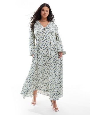 Asos Curve Asos Design Curve Viscose V-neck Long Sleeve Midi Dress With Tie Front Detail In Ditsy Floral-multi