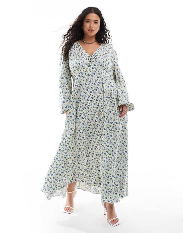 ASOS Curve - ASOS DESIGN Curve viscose v-neck long sleeve midi dress with tie front detail in ditsy floral