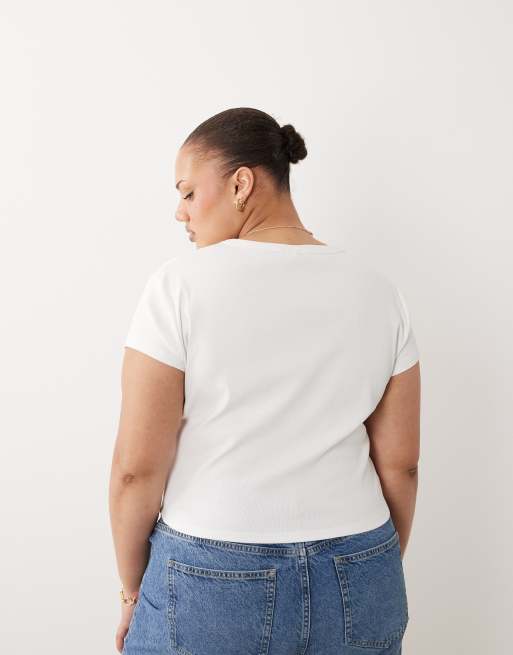 ASOS DESIGN Curve – Vit, krympt t-shirt med lila biltryck, 4 av 4