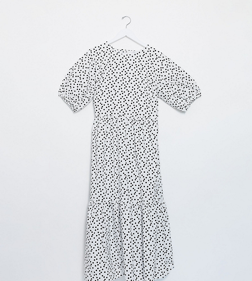 ASOS DESIGN Curve – Vit panelsydd smockklänning i bomullspoplin och midilängd med svarta prickar-Flerfärgad