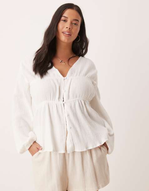 ASOS DESIGN Curve – Vit, smockad topp med långa ärmar och knäppning - view 1