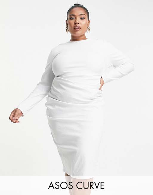 ASOS DESIGN Curve – Vit, strukturerad miniklänning med plissering och långa ärmar