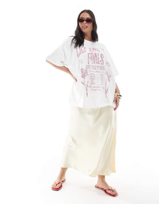 ASOS DESIGN Curve – Vit t-shirt i oversize med bandtryck och spetslager, 3 av 4