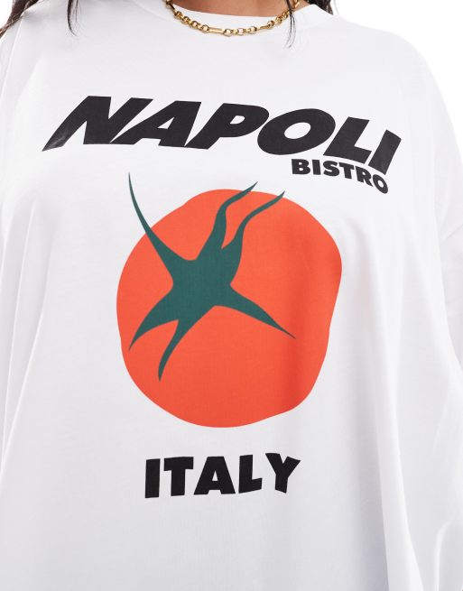 ASOS DESIGN Curve – Vit t-shirt i oversize med "Napoli"- och tomattryck, 4 av 4