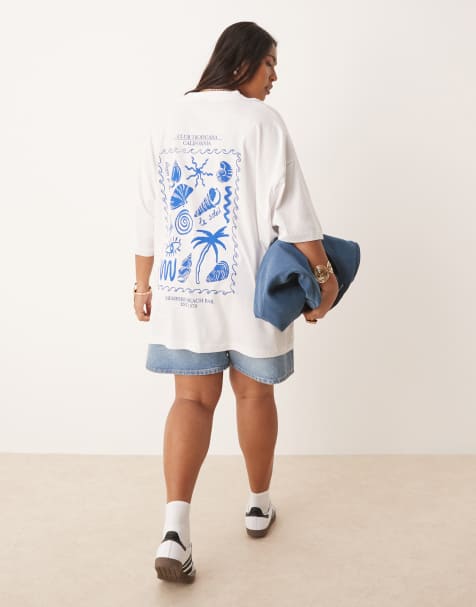 ASOS DESIGN Curve – Vit t-shirt i oversize med snäcktryck på ryggen - view 1