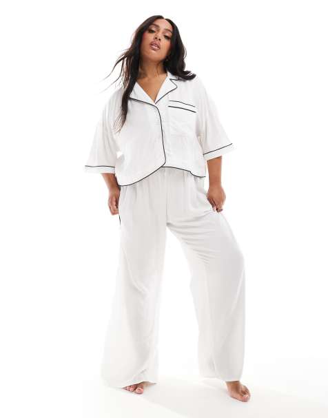 ASOS DESIGN Curve – Vita, supermjuka pyjamasbyxor med vida ben och kontrastfärgad passpoal - view 1