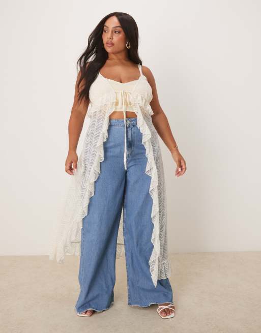 ASOS DESIGN Curve – Vitt, långt spetslinne med smala axelband och slits framtill