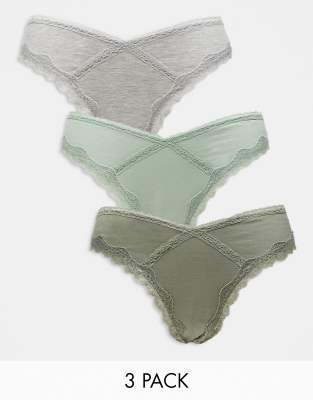 ASOS DESIGN Curve Viv 3 pack high leg brazilian briefs with lace trim in sage, khaki & grey