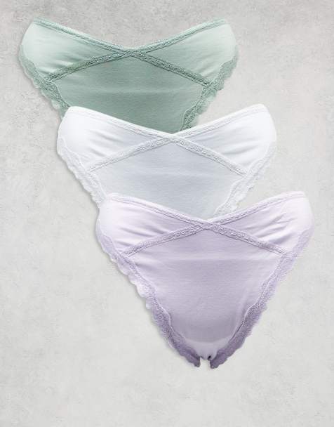 ASOS DESIGN Curve Viv 3 pack high leg thong with lace trim in lilac, sage & white - view 1