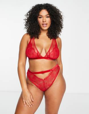 ASOS DESIGN Curve - Viv - Brasilianischer Slip aus Spitze und Netzstoff in Rot mit hoher Taille und Samtbesatz