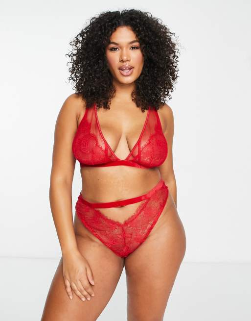ASOS DESIGN Curve – Viv – Brasilianischer Slip aus Spitze und Netzstoff in Rot mit hoher Taille und Samtbesatz