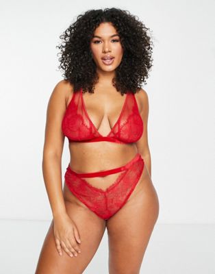 Asos Curve Asos Design Curve Viv Lace And Mesh Triangle Bra With Velvet Trim In Red