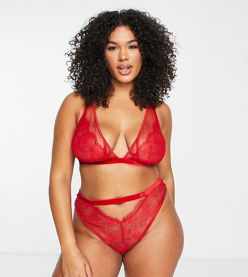 ASOS DESIGN Curve Viv lace and mesh high waisted brazilian brief with velvet trim in red