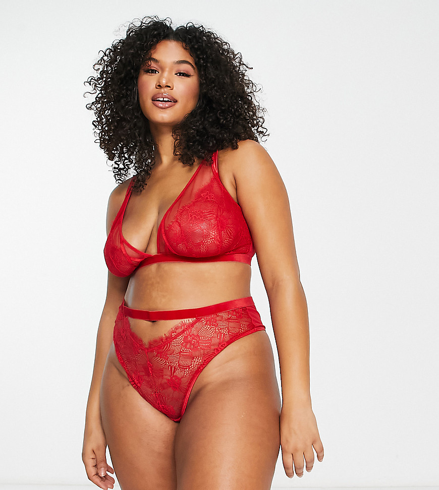 Asos Curve Asos Design Curve Viv Lace And Mesh Triangle Bra With Velvet Trim In Red