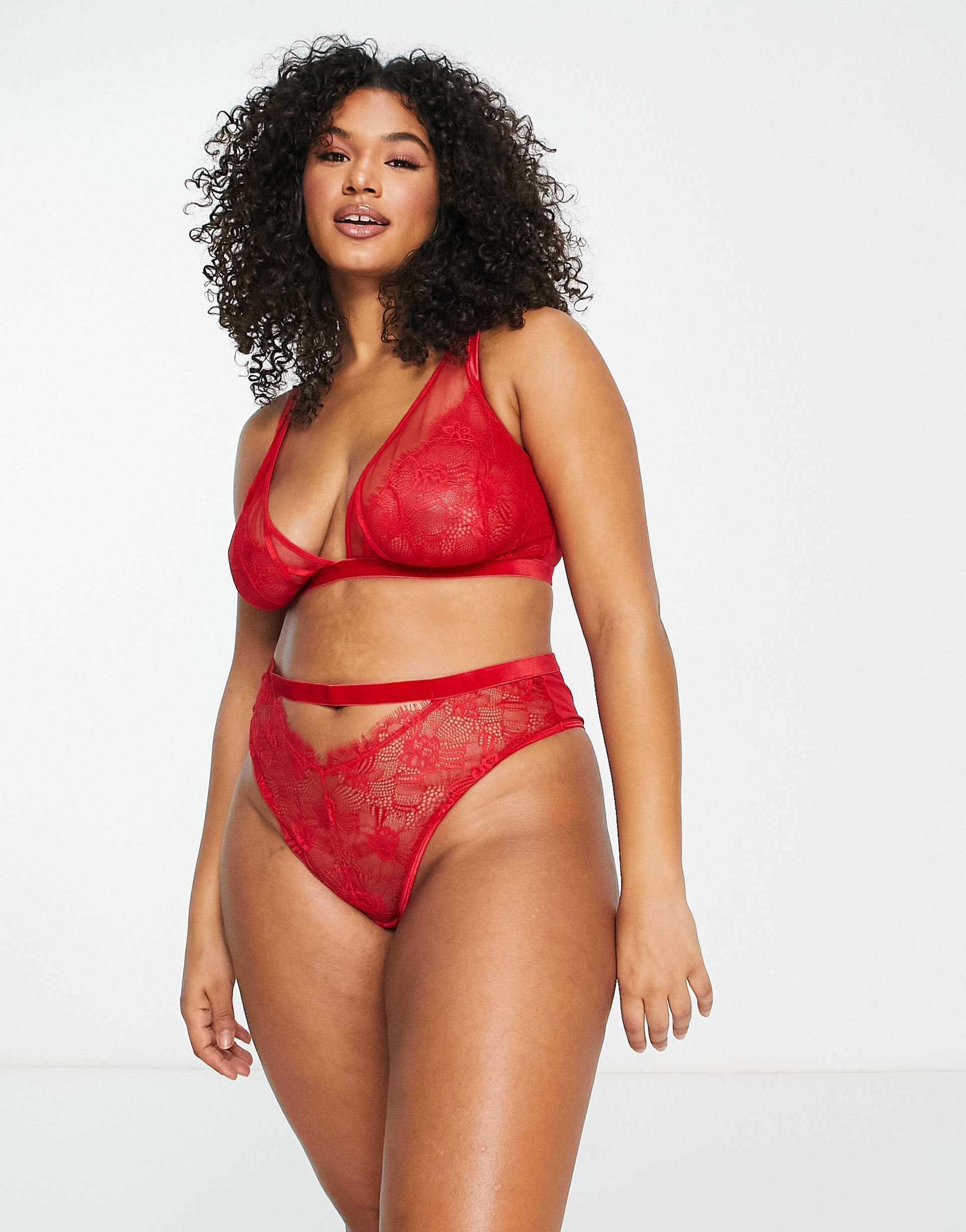 asos design curve viv lace and mesh triangle bra with velvet trim in red