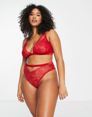 ASOS DESIGN Curve - Viv - Triangel-BH aus Spitze und Netzstoff in Rot mit Samtbesatz