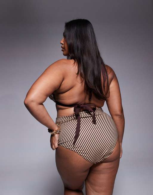 ASOS DESIGN Curve – Vivienne – Bikinihose in gestreiftem Schokobraun mit hohem Bund, 4 von 4