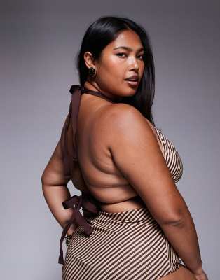 Asos Curve Asos Design Curve Vivienne Chocolate Stripe With Gold Loop Hardware Bikini Top-brown