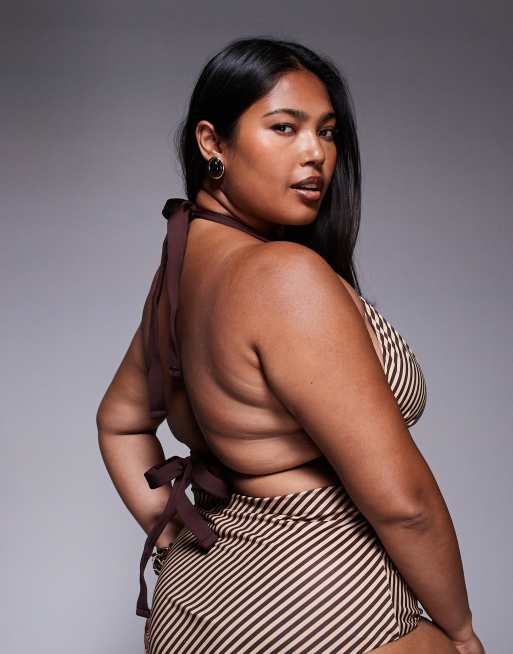 ASOS DESIGN Curve Vivienne chocolate stripe with gold loop hardware bikini top, 2 of 4