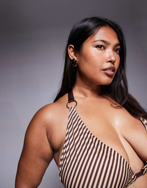 ASOS DESIGN Curve Vivienne chocolate stripe with gold loop hardware bikini top, 3 of 4