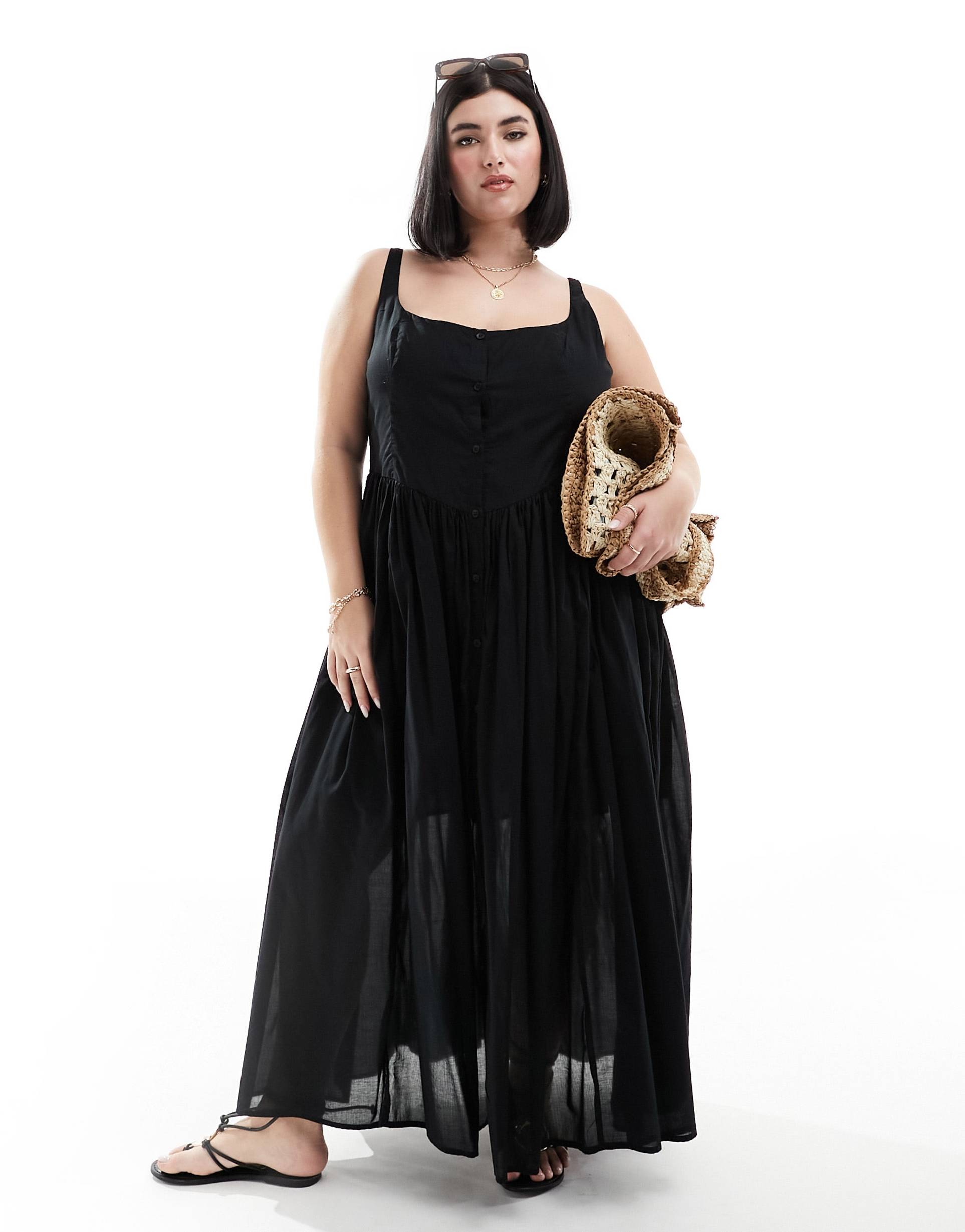 asos design curve voile picnic midi sundress in black