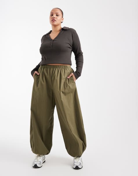 ASOS DESIGN Curve cotton nylon blend pull on balloon trousers in khaki