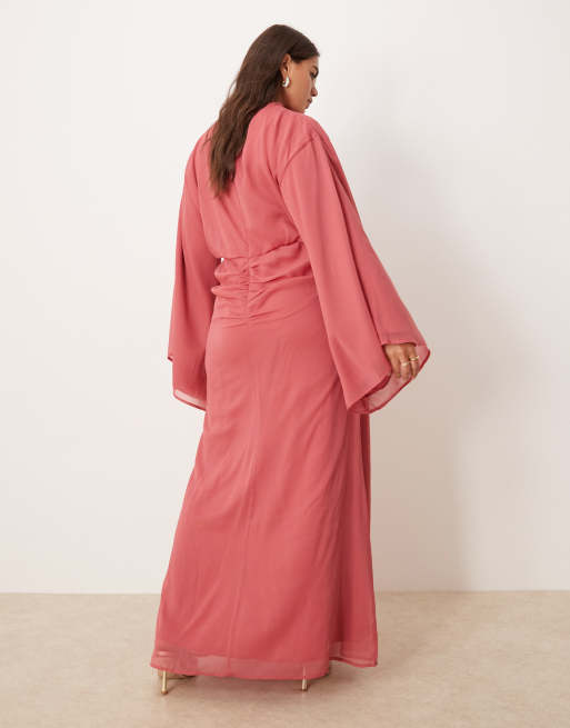 ASOS DESIGN Curve volume sleeve maxi dress with ruched skirt in deep rose, 3 of 4